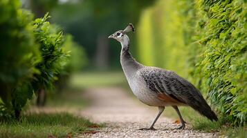 Elegant Bird Walking Along a Pathway Surrounded by Lush Green Hedges in a Peaceful Garden Setting photo