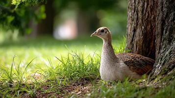 Serene Bird Nestled by Tree Trunk in Lush Green Grass Under Soft Natural Light in Peaceful Forest Setting photo