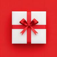 Minimalist Gift Box with Red Ribbon on Vibrant Red Background photo