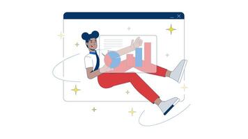 Interactive data analysis in virtual workspace 2D animation. Black female professional monitoring chart in browser window animated character cartoon flat concept metaphor 4K isolated on white video