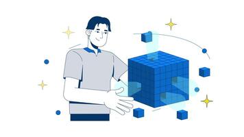 olap dados cubo análise 2d animação. digital analítico em processamento. o negócio inteligência. analista com modular base de dados animado personagem desenho animado plano conceito metáfora 4k isolado em branco video