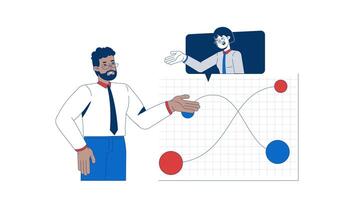 Data discussion and analysts collaboration 2D animation. Diverse businesspeople analyzing performance chart nodes animated characters cartoon flat concept metaphor 4K isolated on white video
