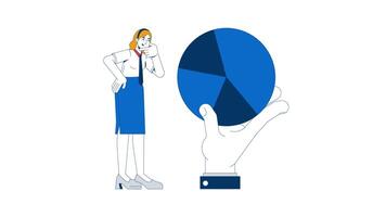 Taking closer look at data 2D animation. Professional analyzing piechart. Female analyst pie chart interpretation animated character cartoon flat concept metaphor 4K isolated on white video