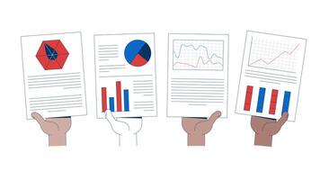 Diverse hands holding business reports paperwork 2D animation. Analytics pages. Infographics corporate handouts animated composition cartoon flat concept metaphor 4K isolated on white video