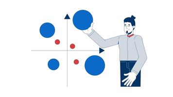 Businessman analyzing bubble chart 2D animation. Scatter plot with XY axis. Corporate male analyst placing data points animated character cartoon flat concept metaphor 4K isolated on white video