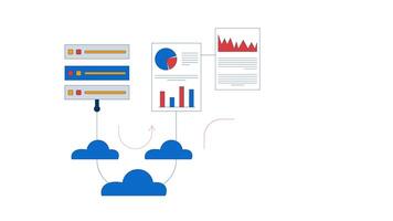 transferir dados analytics a partir de servidor para computador portátil 2d animação. nuvem Informática, base de dados em processamento, o negócio inteligência animado composição desenho animado plano conceito metáfora 4k isolado em branco video