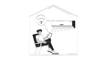Smart home Wi-Fi air conditioner doodle outline animation. Indoor cooling IoT. Latino man controlling AC appliance via wifi tablet animated sketch 2D concept isolated on white. 4K motion graphic video