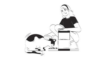 Automatic cat feeder doodle linear animation. Smart pet technology. Control food dispenser. IoT device feeding kitty animated 2D outline character sketch isolated on white. 4K motion graphic video