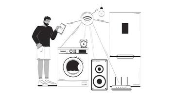 Black man managing smart household appliances using tablet doodle outline animation. Wi-Fi technology. IoT user with home devices animated sketch 2D concept isolated on white. 4K motion graphic video