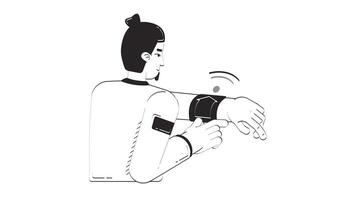 Smart home app for smartwatch doodle linear animation. Man interacting with wearable device on wrist, IoT remote control animated 2D outline character sketch isolated on white. 4K motion graphic video
