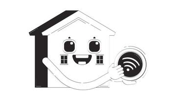 Cute smart home character with Wi-Fi connectivity doodle outline animation. Happy house wifi signal. IoT-powered household mascot animated sketch 2D concept isolated on white. 4K motion graphic video