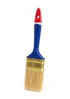 Paintbrush with red, blue handle isolated on white background. Tool for painting and decorating, clean and unused. photo