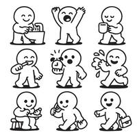Cute and simple characters engaging in daily activities like washing hands, celebrating, drinking, brushing teeth, and eating, conveying joy and routine vector