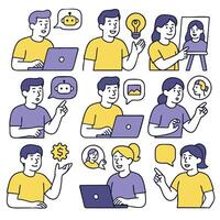 Creative individuals engage various activities, showcasing ideas, technology, and communication through illustrations. vibrant colors and diverse expressions highlight collaboration and innovation vector