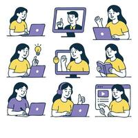 Online learning is depicted through various activities, showcasing woman engaging with technology, studying, and interacting virtual environment. illustrations convey sense of productivity vector
