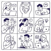 Engaging illustrations of people working and communicating various settings, showcasing activities like typing, brainstorming, and enjoying coffee. images reflect modern work environment filled vector