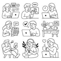 Engaging various activities, this illustration showcases individuals using technology, planning, and enjoying leisure time. scenes depict work, communication, and relaxation, highlighting modern vector