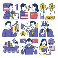 image illustrates various aspects of international trade featuring symbols like flags currency tariffs and graphs. It conveys complexities and dynamics of trade relationships particularly between vector