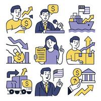 Economic growth and trade concepts are illustrated in this image, featuring symbols like money, tariffs, and shipping. visuals convey sense of financial progress and market dynamics vector