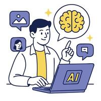 Illustration of person using laptop with AI technology, showcasing creativity and innovation. individual is engaged brainstorming ideas, surrounded by icons representing images and communication vector