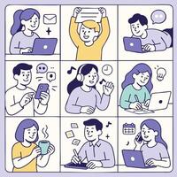 Collage of diverse individuals engaged in various activities, including working on laptops, using smartphones, and brainstorming ideas, showcasing modern communication and productivity vector