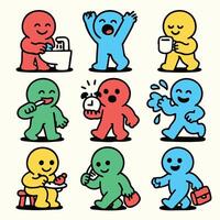 Cute and colorful cartoon characters engage various daily activities, showcasing emotions like joy and surprise. These playful figures represent moments of life, from washing hands to enjoying vector