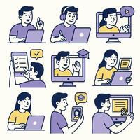 Online learning is depicted through various engaging activities, showcasing person using laptop, watching videos, taking notes, and celebrating achievements. illustrations convey sense vector