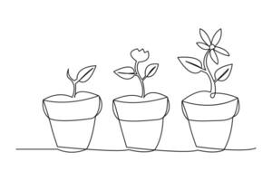 Continuous one line art drawing of plant growth processing outline illustration vector
