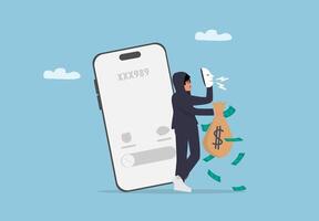 a man is holding a bag of money and a phone with a wallet in his hand vector
