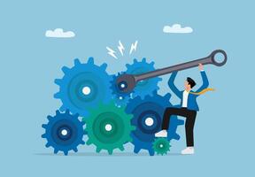 businessman holding a wrench on top of gears vector