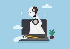 a robot is sitting on a laptop with headphones vector