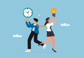 businessman and woman running with clock and light bulb vector