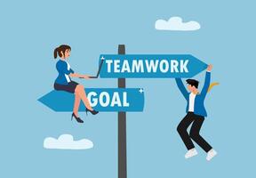 two people are standing on a road sign pointing to teamwork and goal vector