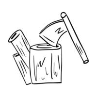 Chopping firewood, wood with an axe. An axe splits a tree trunk, an emblem for camping, a working tool. Collecting firewood for a campfire, the concept of protecting forests from logging vector