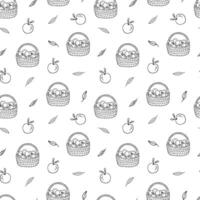Seamless background with fresh apples from an organic farm. Fruit picking, apples in a basket, monochrome designs. A print for packaging environmentally friendly products, textiles. vector