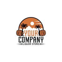 A circle with a palm tree and a mountain in the background with a barrel is in the foreground logo design illustration vector