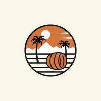 A circle with a barrel, palm trees, and a mountain in the background vector