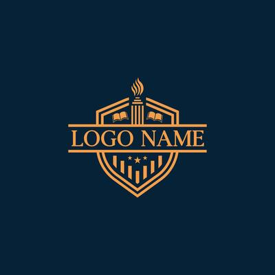 Educational logo design with book, shield, and fire torch.