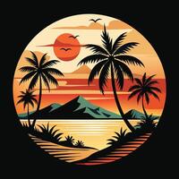 Black and White Tropical Beach Illustration in a Circular Frame with Palm Trees and Waves vector