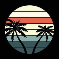 Circular Black and White Artwork of a Tropical Beach Paradise with Waves and Trees vector