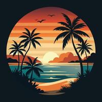 Tropical Beach Scene in a Circular Frame with Palm Trees and Ocean View in Black and White vector