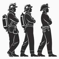 Powerful Two-Color Silhouette of Three Firefighters in Action with Bold Contrast and Heroic Poses vector