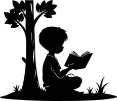 Black and White Silhouette Illustration of a Boy Reading a Book in a Peaceful Setting vector