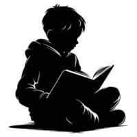Black and White Scene of a Boy Reading a Book Quietly in Thoughtful Posture vector