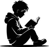 Silhouette of a Young Boy Reading a Book with Focus and Calm in Black and White vector