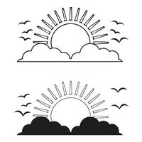 Two-Color Silhouette of a Peaceful Sunrise Scene with Birds Flying Over Trees and Rolling Hills vector