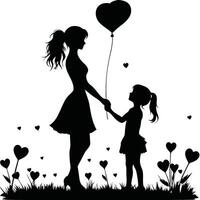 Two-Color Silhouette Image of a Mother and Young Daughter Walking Together in a Tender Moment vector