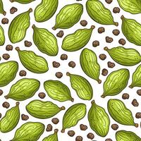 Seamless pattern with green cardamom seeds, hand-drawn illustration vector