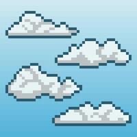 Set of four classic pixel art clouds. Rendered in an 8-bit style with simple shading, these cloud shapes float against a clean blue gradient background. vector