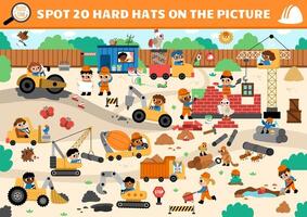 construction site searching game with building works landscape. Spot hidden hard hats in the picture. Simple seek and find educational printable activity for kids with workers in uniform vector